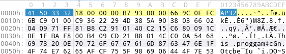 aPLib compressed PE executable: 24 bytes header (magic highlighted), followed by compressed payload
