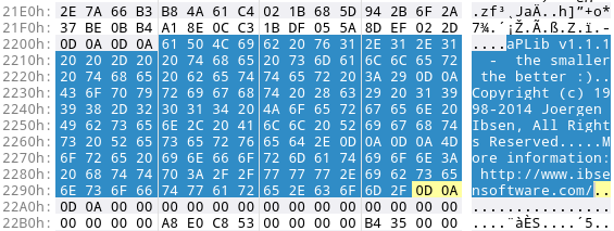 Strings that refer to aPLib decompression / compression capabilities in a binary.